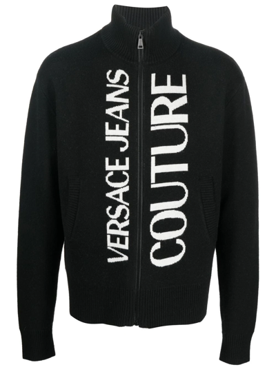 Versace Jeans Couture Logo-embroidered Zipped Cardigan In Black White