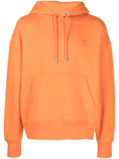 Ami Alexandre Mattiussi Embroidered-motif Drawstring Hoodie In Orange