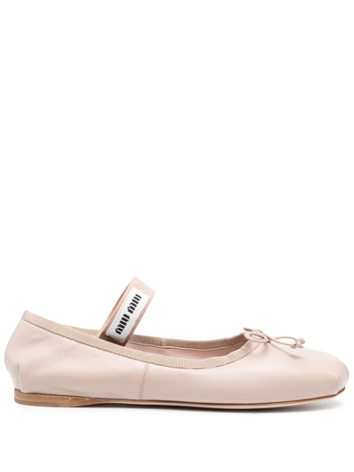 Miu Miu Logo-printed Bow Detailed Ballerina Shoes In Brown