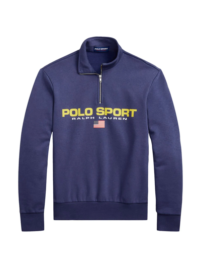 Polo Ralph Lauren Cotton Blend Fleece Logo Print Quarter Zip Mock Neck Sweatshirt In Navy