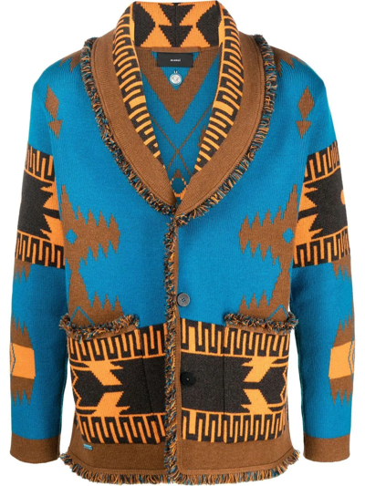 Alanui Frayed-trim Abstract-jacquard Cashmere Cardigan In Blue