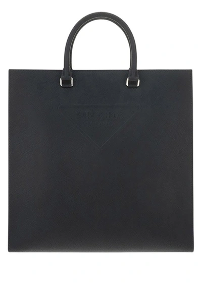 Prada Logo-embossed Saffiano Leather Tote In Black