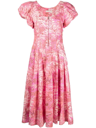 Ulla Johnson Botanical-print Zip-up Dress In Pink