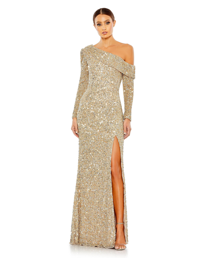 Mac Duggal Sequined One Shoulder Evening Gown In Shimmering Gold