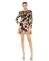 Mac Duggal Embroidered Floral Long Sleeve Mesh Minidress In Black Multi