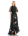 Mac Duggal Floral Ruffle High Neck A-line Gown In Black Multi