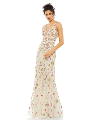 Mac Duggal Floral Bead Embellished Gown In Nude/multi