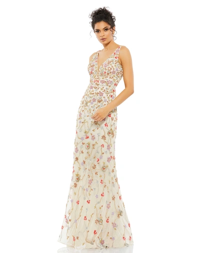 Mac Duggal Floral Bead Embellished Gown In Neutral