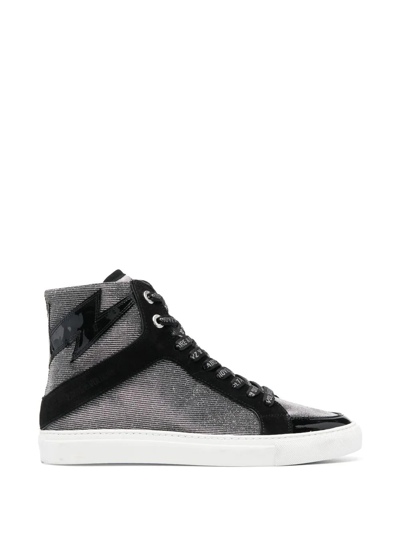 Zadig & Voltaire Zv1747 High Flash Glitter Leather And Mesh High-top Trainers In Schwarz