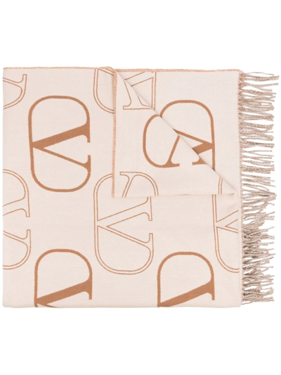 Valentino Logo-embroidered Fringed Scarf In Multicolour