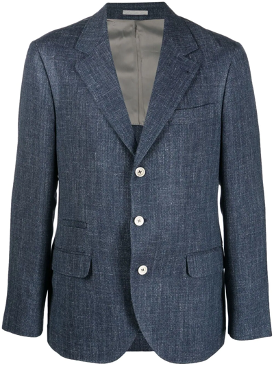 Brunello Cucinelli 人字斜纹针织羊毛西装夹克 In Blau