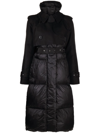 Sacai Long Hybrid Belted Puffer Trench Coat In Schwarz