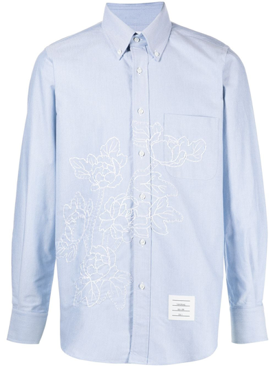 Thom Browne Floral-embroidered Long-sleeve Shirt In Blau