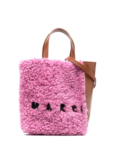 Marni Museo Small Embroidered Shearling And Leather Tote In Pink