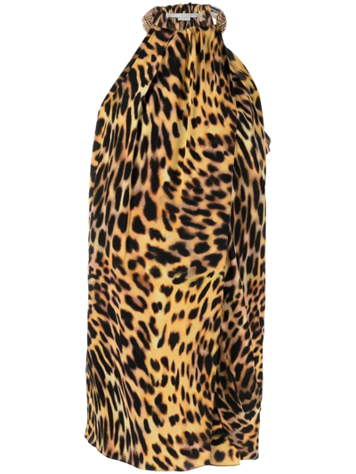 Stella Mccartney Mini Dress In Yellow With All-over Cheetah Print And Diamond Effect Choker In Tortoise Shell