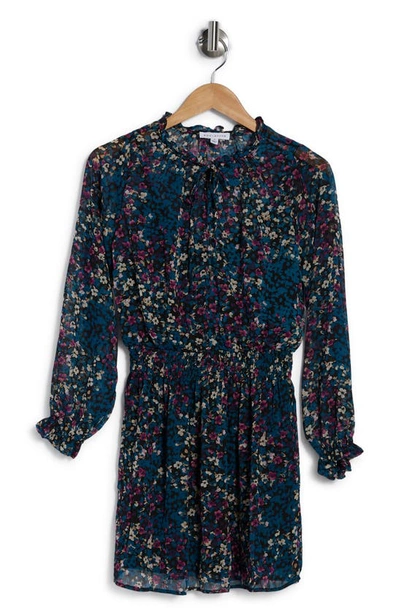 Socialite Smocked Long Sleeve Dress In Black/ Teal/ Purple Print