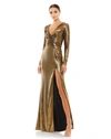 Mac Duggal Metallic Long Sleeve Asymmetrical Ruched Gown In Gold