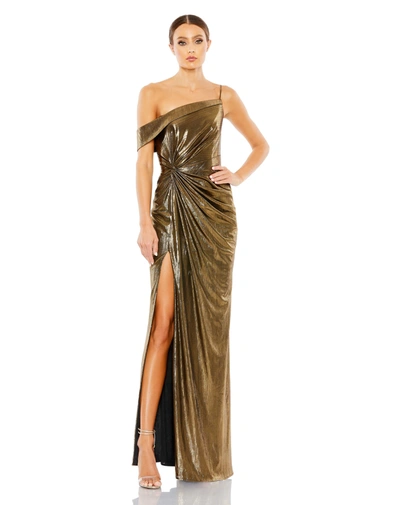 Mac Duggal Metallic Wrap Gown In Gold