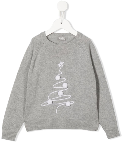 Il Gufo Kids' Christmas Tree-print Crew Neck Sweater In Grau