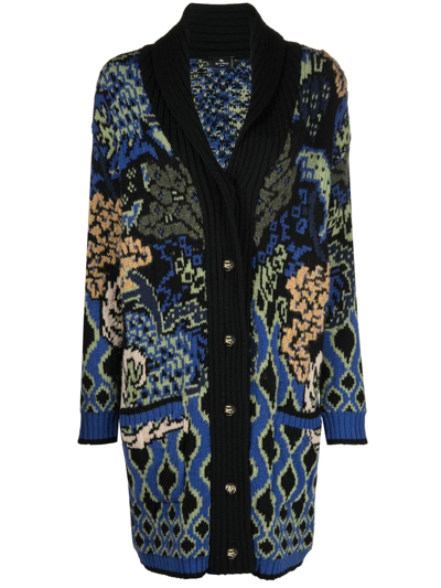 Etro Comet Floral-jacquard Wool-blend Cardigan In Black,blue,green,yellow