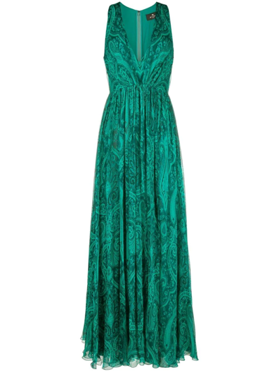 Etro Paisley-print Silk Maxi Dress In Green