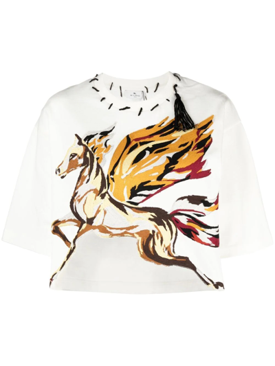 Etro Woman White Crop T-shirt With Pegasus And Cube Logo