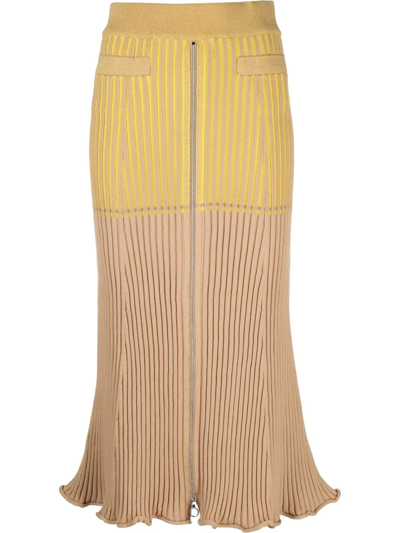 Rabanne Bicolored Ribbed Knitted Midi Skirt In Yellow