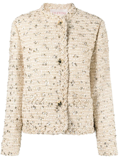 Valentino Sequin-embellished Metallic Tweed Jacket In Neutrals