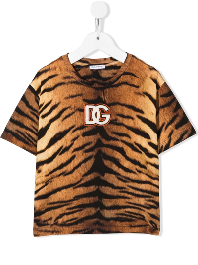 Dolce & Gabbana Kids' Tiger-print Cotton T-shirt In Braun