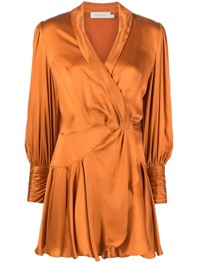 Zimmermann Plunge-neck Wrap-over Silk Mini Dress In Orange