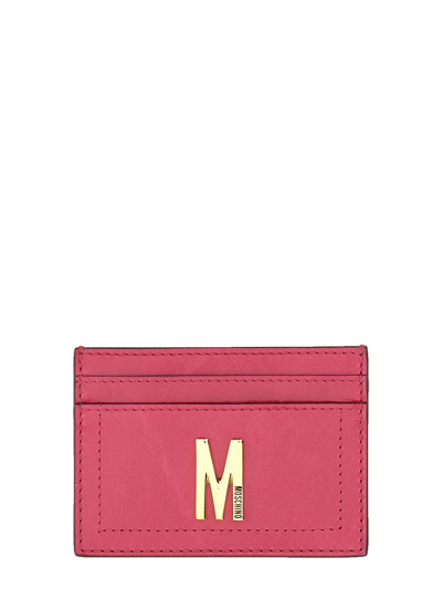 Moschino Card Holder With Gold Plaque In Bordeaux