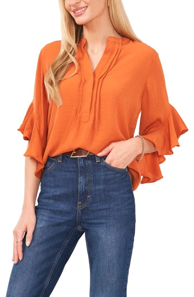 Vince Camuto Ruffle Sleeve Split Neck Blouse In Citrus Spice Orange