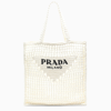 PRADA WHITE LOGOED CROCHET TOTE BAG
