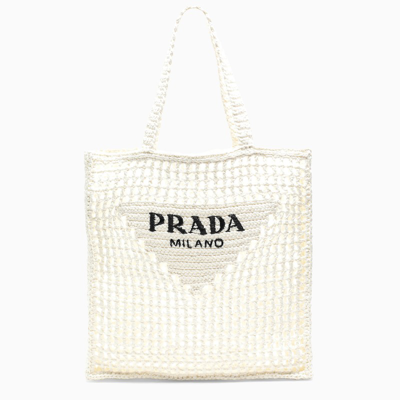 Prada White Logoed Crochet Tote Bag