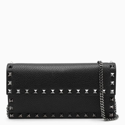 Valentino Garavani Leather Wallet With Logo And Shoulder Strap In Black