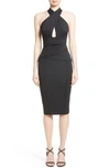 RACHEL GILBERT CROSSOVER HALTER SCUBA SHEATH DRESS,RG60280