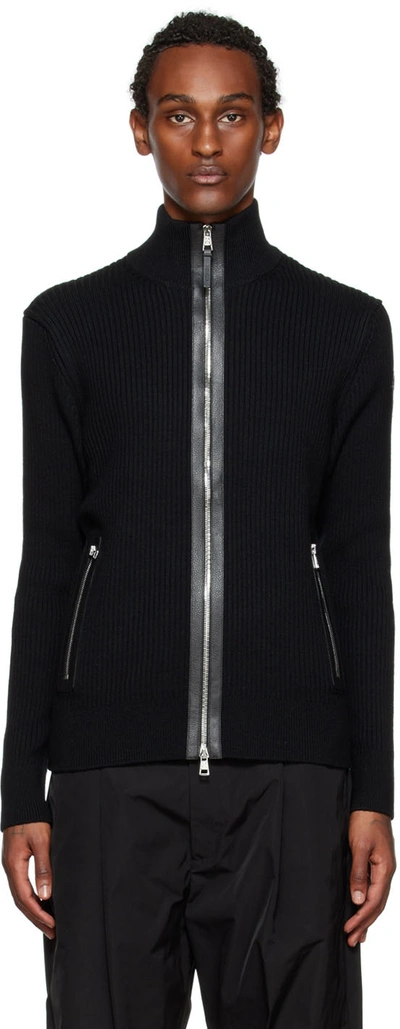 Moncler Men's Ribbed Leather-trim Cardigan Sweater In Black