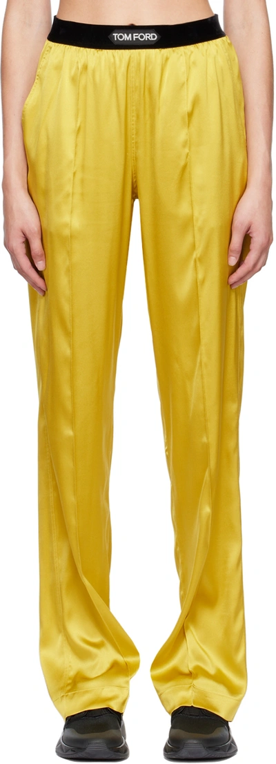 Tom Ford Yellow Silk Lounge Pants In Green,yellow