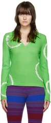 The Elder Statesman Tie-dye Knitted V-neck Polo Top In White W/ Matcha