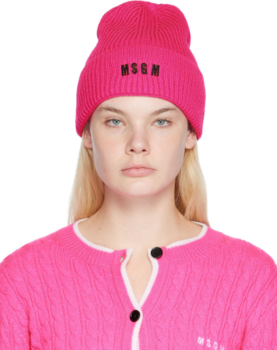 Msgm Embroidered-logo Knit Beanie In Pink