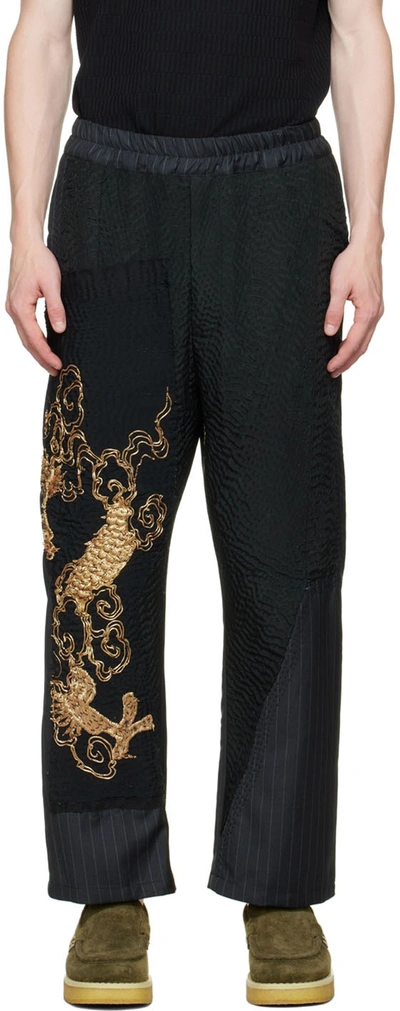 By Walid Black Embroidered Trousers In Dragon