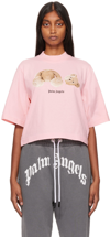 Palm Angels Woman Short Pink T-shirt With Bear Print In Beige