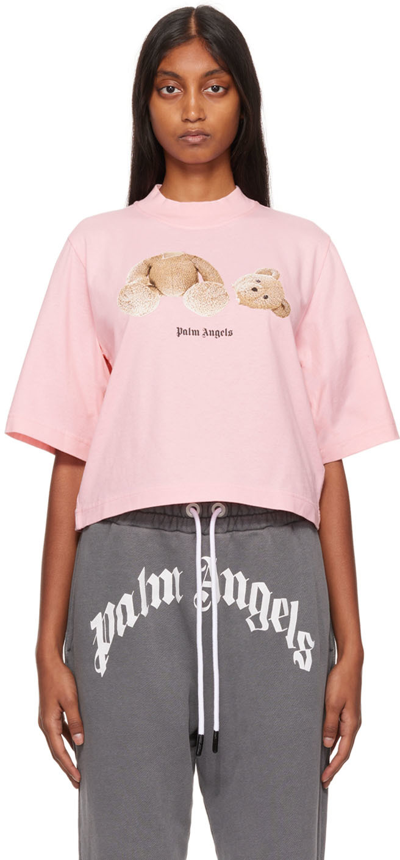 Palm Angels Woman Short Pink T-shirt With Bear Print In Beige