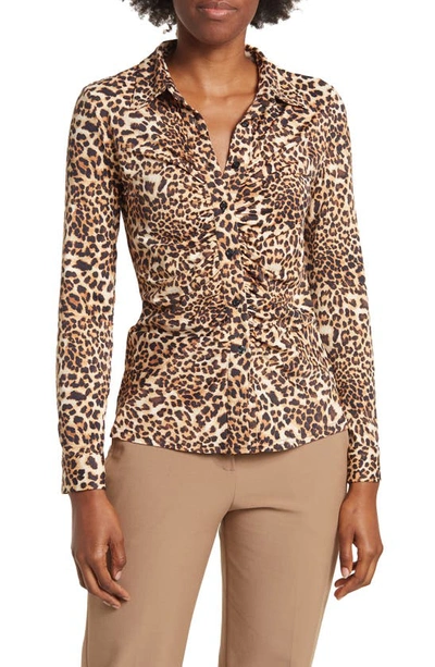 By Design Carla Ruched Button-up Blouse In Basic Cheetah