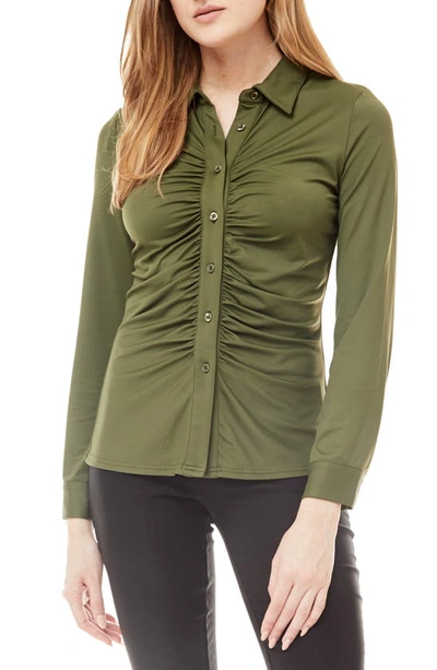 By Design Carla Ruched Button-up Blouse In Rifle Green