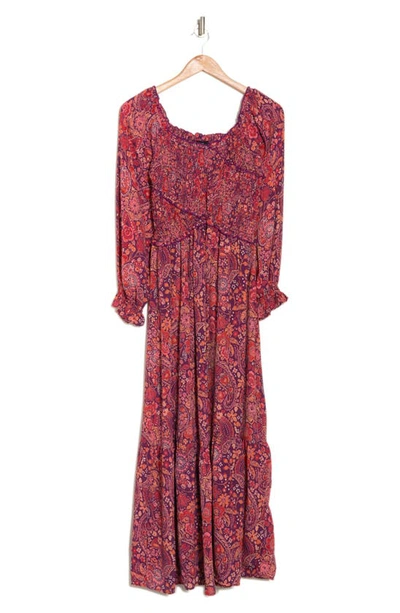 Angie Smocked Long Sleeve Maxi Dress In Berry