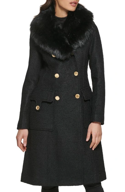 Guess Removable Faux Fur Collar Wool Blend Double Breasted Walker Coat In Black