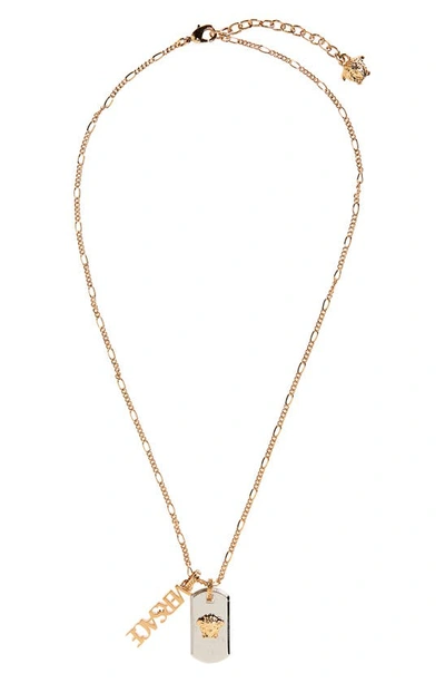 Versace First Line Medusa Dog Tag Logo Pendant Necklace In Versace Gold/ Palladium