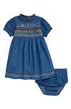 MINI BODEN RAINBOW EMBROIDERED SMOCKED CHAMBRAY DRESS & BLOOMERS
