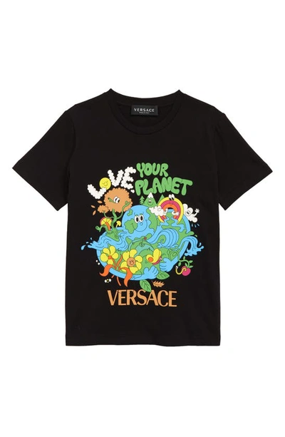 Versace Kids' Love Your Planet Cotton Graphic Tee In Nero Multicolor